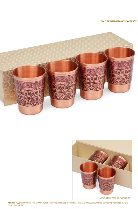Tanjore Pure Copper Decoupage Water Glass Gift Box – Set of 4