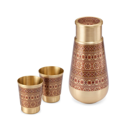 Mysore Pure Brass Decoupage Carafe & Water Glasses