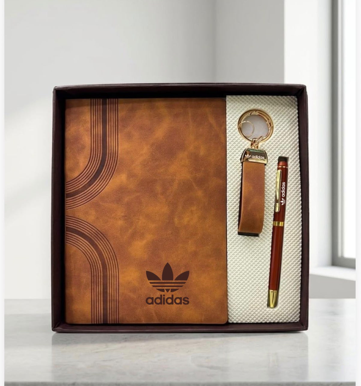 Premium Tan Notebook, Pen & Keychain Gift Set