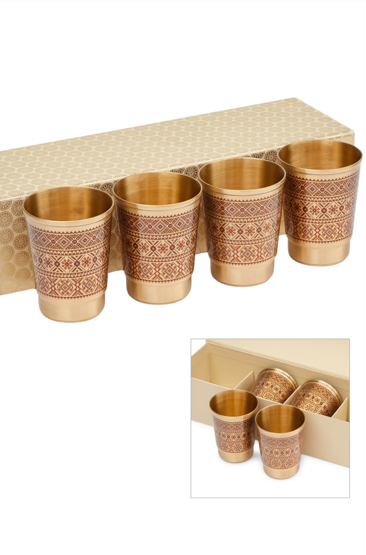 Mysore Pure Brass Decoupage Water Glass Gift Box – Set of 4