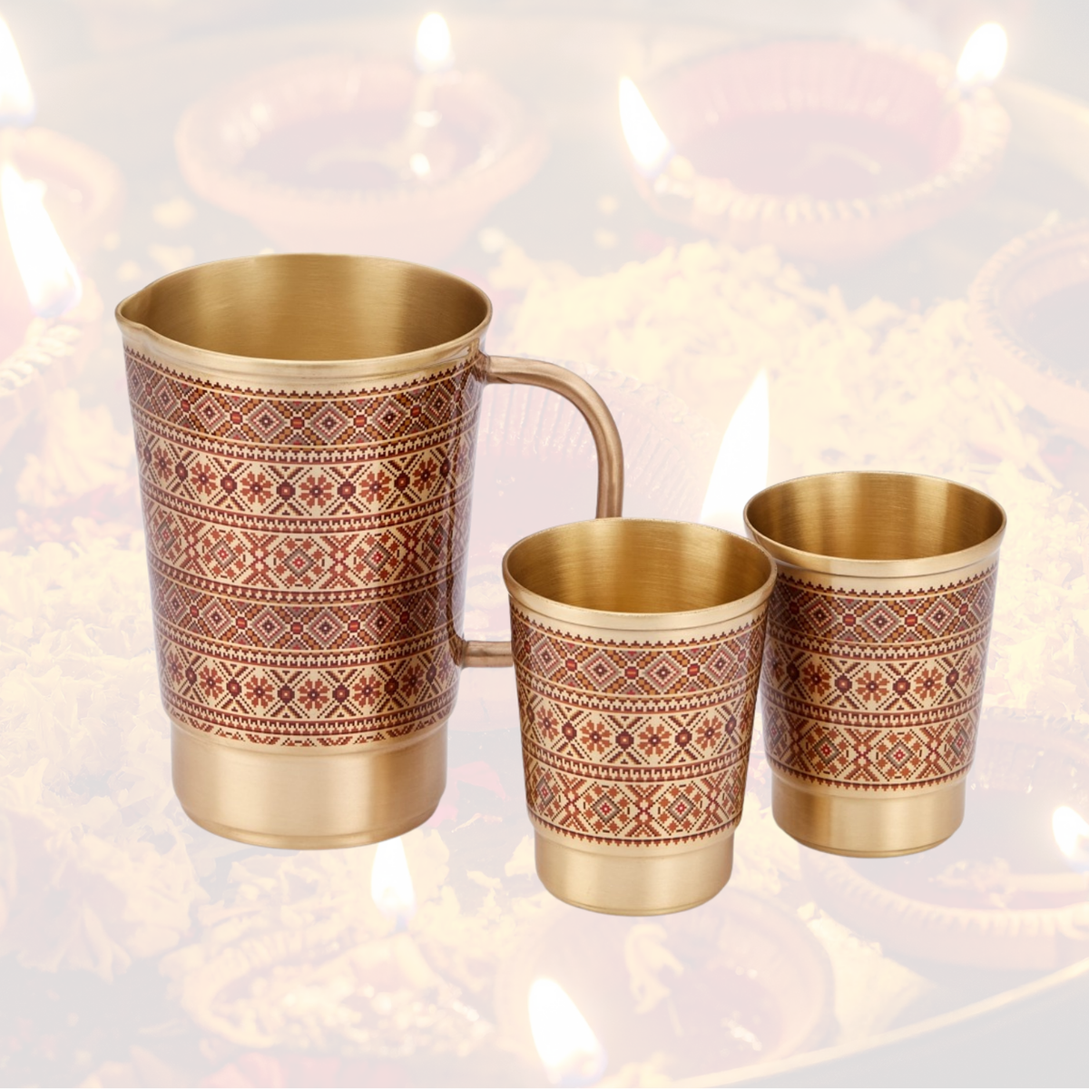 Mysore Pure Brass Decoupage Jug & Water Glasses