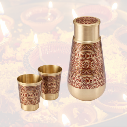 Mysore Pure Brass Decoupage Carafe & Water Glasses